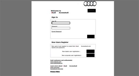 Accessaudi login - Les nouveaux utilisateurs doivent s'inscrire pour créer leur code et mot de passe AccessAudi.com. Nouvel enregistrement d'utilisateur - Concessionnaire: Registre. Clients et enthousiastes de la marque Audi: www.audiusa.com. 